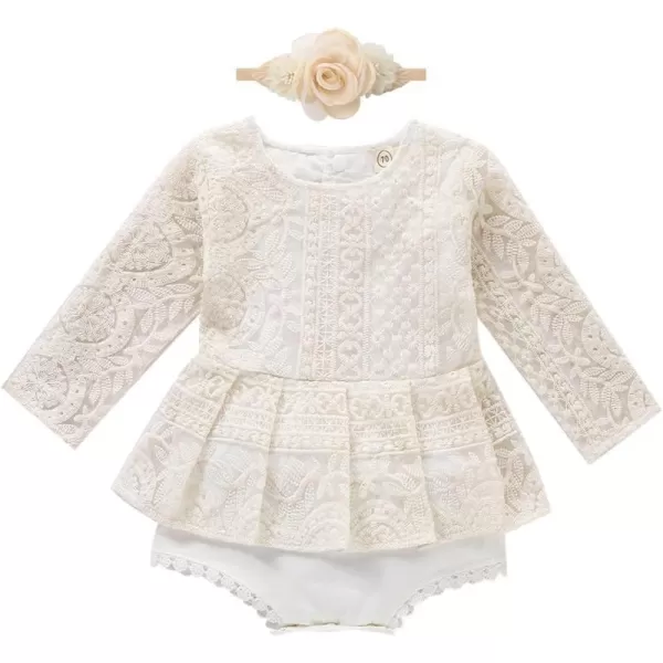 IDOPIP Baby Girls Boho Lace Romper Dress Headband 1st Birthday Outfit Toddler Princess Baptism Long Sleeve Fall Dress ClothesBeige  Pleated