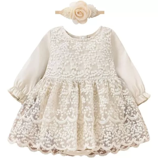 IDOPIP Baby Girls Boho Lace Romper Dress Headband 1st Birthday Outfit Toddler Princess Baptism Long Sleeve Fall Dress ClothesBeige  Ruffle