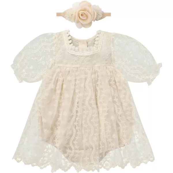 IDOPIP Baby Girls Boho Lace Romper Dress Headband 1st Birthday Outfit Toddler Princess Baptism Long Sleeve Fall Dress ClothesBeige  Short Sleeve