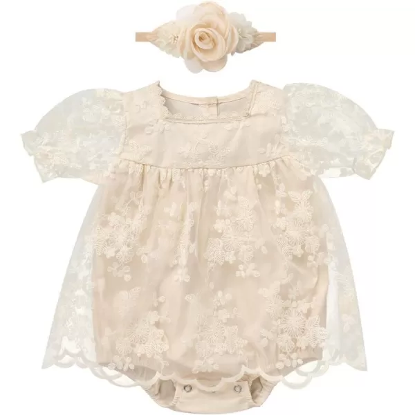 IDOPIP Baby Girls Boho Lace Romper Dress Headband 1st Birthday Outfit Toddler Princess Baptism Long Sleeve Fall Dress ClothesBeige