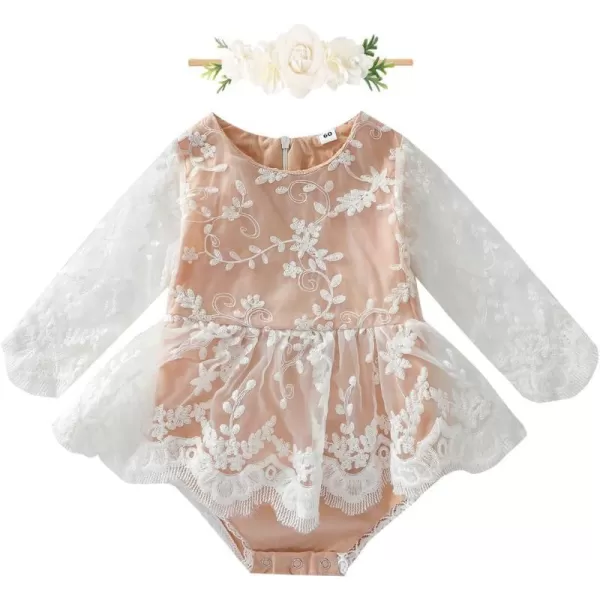 IDOPIP Baby Girls Boho Lace Romper Dress Headband 1st Birthday Outfit Toddler Princess Baptism Long Sleeve Fall Dress ClothesPink