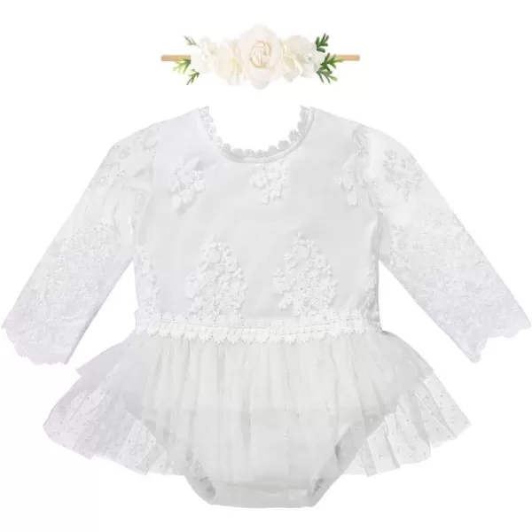 IDOPIP Baby Girls Boho Lace Romper Dress Headband 1st Birthday Outfit Toddler Princess Baptism Long Sleeve Fall Dress ClothesWhite