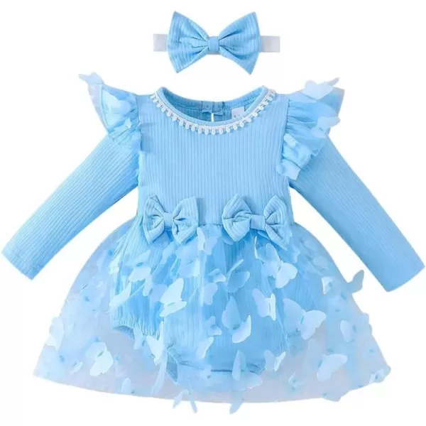 IDOPIP Baby Girls Butterfly Tutu Dress Long Sleeve Romper Tutu Skirt  Headband 2PCS Winter Fall 1st Birthday Outfit ClothesBlue