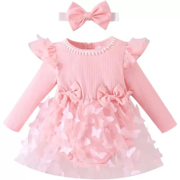 IDOPIP Baby Girls Butterfly Tutu Dress Long Sleeve Romper Tutu Skirt  Headband 2PCS Winter Fall 1st Birthday Outfit ClothesPink