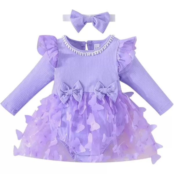 IDOPIP Baby Girls Butterfly Tutu Dress Long Sleeve Romper Tutu Skirt  Headband 2PCS Winter Fall 1st Birthday Outfit ClothesPurple