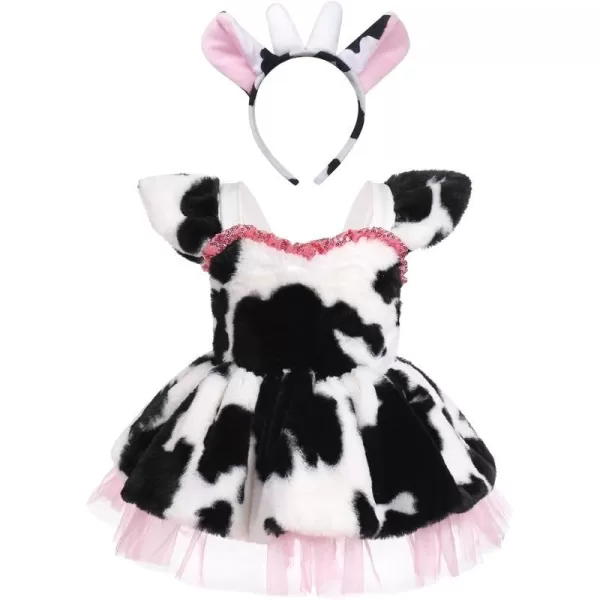 IDOPIP Baby Girls Farm Cow Dalmatian Dog Costume Tutu Dress Set with Ear Headband for Halloween Birthday Party Dress up 324MWhite Cow