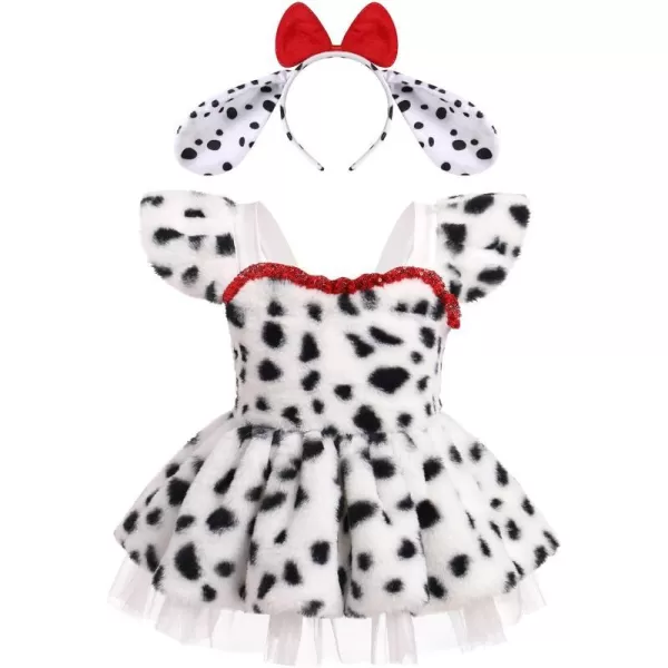 IDOPIP Baby Girls Farm Cow Dalmatian Dog Costume Tutu Dress Set with Ear Headband for Halloween Birthday Party Dress up 324MWhite Dog