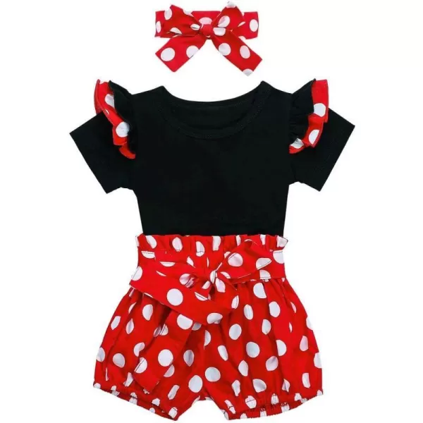 IDOPIP Baby Girls Ruffle Sleeves Romper TopPolka Dots Shorts Pants Set with Headband Birthday Outfit Summer Boutique ClothesBlack  Red