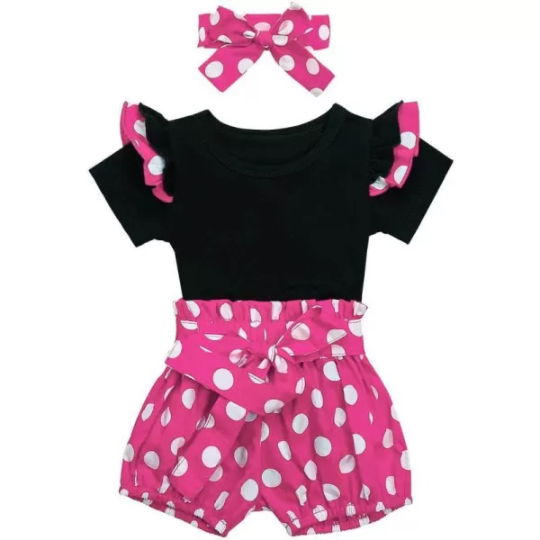 IDOPIP Baby Girls Ruffle Sleeves Romper TopPolka Dots Shorts Pants Set with Headband Birthday Outfit Summer Boutique ClothesHot Pink