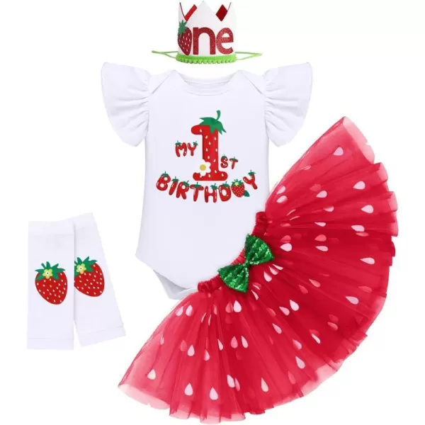 IDOPIP Baby Girls Strawberry 12 1st 2nd 3rd Birthday Outfit Romper Tutu Skirt Headband Warmers for Cake Smash Photo ShootRed Strawberry  1st Birthday