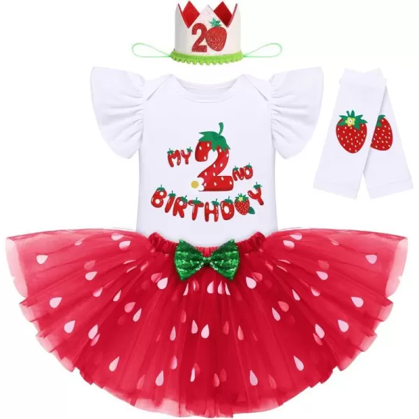 IDOPIP Baby Girls Strawberry 12 1st 2nd 3rd Birthday Outfit Romper Tutu Skirt Headband Warmers for Cake Smash Photo ShootRed Strawberry  2nd Birthday