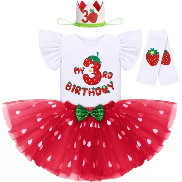 IDOPIP Baby Girls Strawberry 12 1st 2nd 3rd Birthday Outfit Romper Tutu Skirt Headband Warmers for Cake Smash Photo ShootRed Strawberry  3rd Birthday