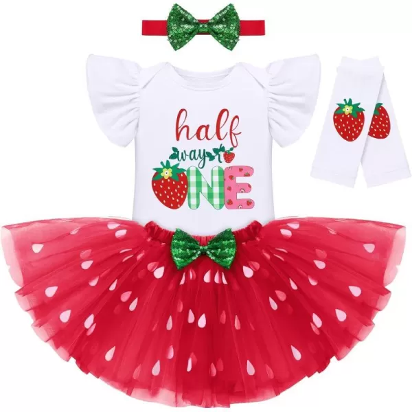 IDOPIP Baby Girls Strawberry 12 1st 2nd 3rd Birthday Outfit Romper Tutu Skirt Headband Warmers for Cake Smash Photo ShootRed Strawberry  Half Way to One