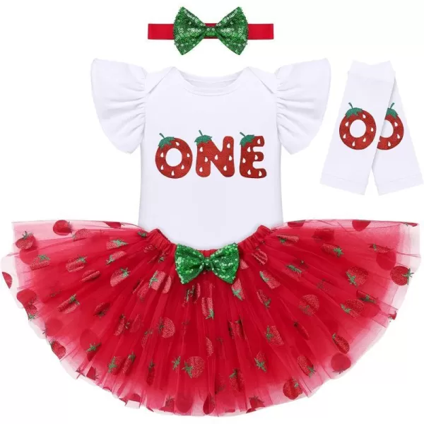 IDOPIP Baby Girls Strawberry 12 1st 2nd 3rd Birthday Outfit Romper Tutu Skirt Headband Warmers for Cake Smash Photo ShootRed Strawberry  One