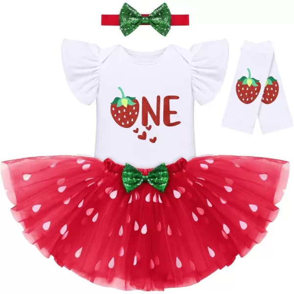 IDOPIP Baby Girls Strawberry 12 1st 2nd 3rd Birthday Outfit Romper Tutu Skirt Headband Warmers for Cake Smash Photo ShootRed Strawberry  One Heart