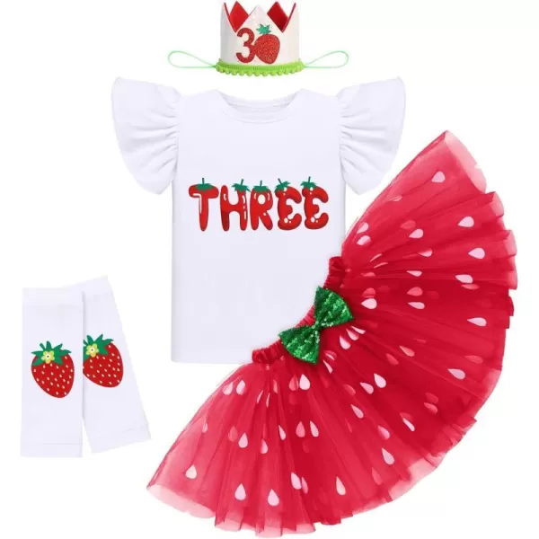 IDOPIP Baby Girls Strawberry 12 1st 2nd 3rd Birthday Outfit Romper Tutu Skirt Headband Warmers for Cake Smash Photo ShootRed Strawberry  Three