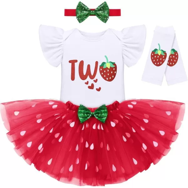 IDOPIP Baby Girls Strawberry 12 1st 2nd 3rd Birthday Outfit Romper Tutu Skirt Headband Warmers for Cake Smash Photo ShootRed Strawberry  Two Heart