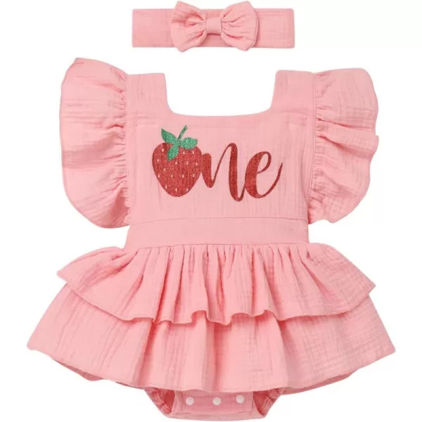 IDOPIP Baby Girls Strawberry Watermelon 1st Birthday Outfit Shiny One Romper Tutu Dress with Headband for Cake Smash PhotoPink  Strawberry