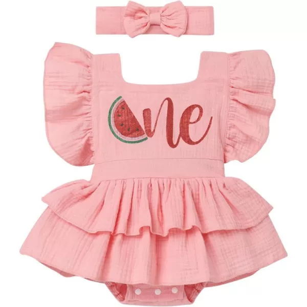 IDOPIP Baby Girls Strawberry Watermelon 1st Birthday Outfit Shiny One Romper Tutu Dress with Headband for Cake Smash PhotoPink  Watermelon