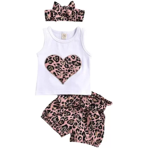 IDOPIP Baby Girls Summer Shorts Clothes Leopard Heart Vest Top  Ruffle Pants Set with Headband Birthday Casual Party Outfits