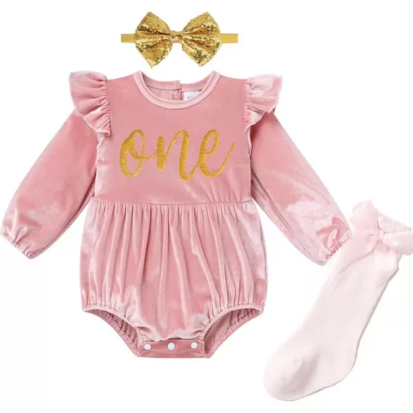 IDOPIP Baby Girls Velvet Romper Christmas Snowflake Romper Bodysuit Headband Socks Birthday Outfit Long Sleeve Fall ClothesPink One 3pcs