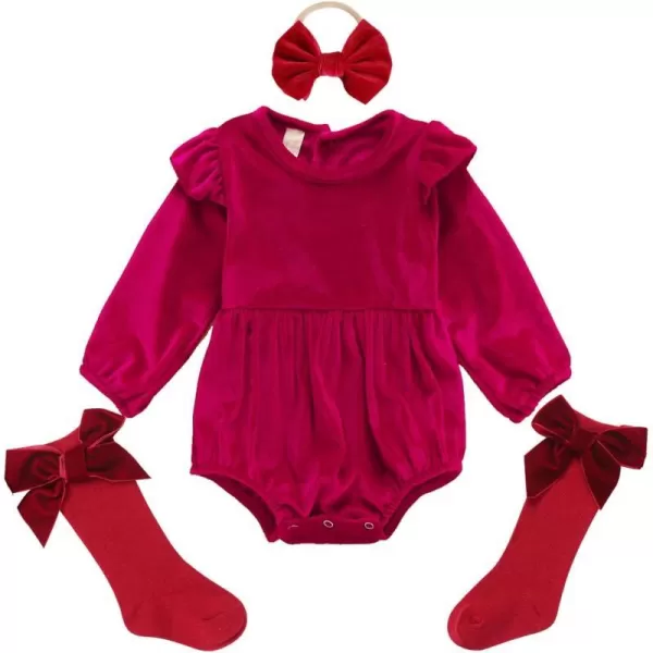 IDOPIP Baby Girls Velvet Romper Christmas Snowflake Romper Bodysuit Headband Socks Birthday Outfit Long Sleeve Fall ClothesRed 3pcs