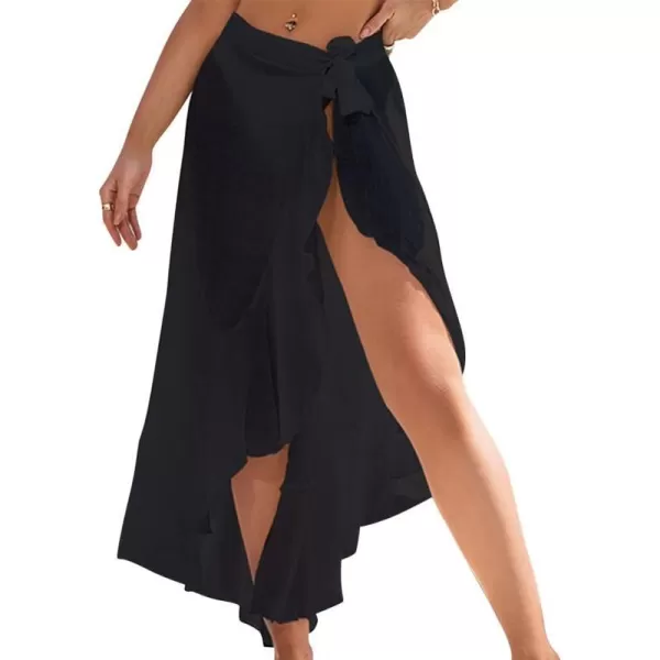 IDOPIP Beach Cover ups for Women Swimsuit Cover up Wrap Beach Skirt Solid Ruffle Beach Swimwear Sarong Coverups Bathing SuitBlack