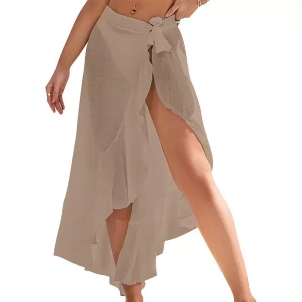 IDOPIP Beach Cover ups for Women Swimsuit Cover up Wrap Beach Skirt Solid Ruffle Beach Swimwear Sarong Coverups Bathing SuitKhaki