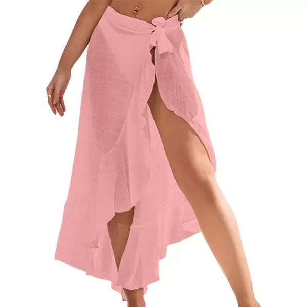 IDOPIP Beach Cover ups for Women Swimsuit Cover up Wrap Beach Skirt Solid Ruffle Beach Swimwear Sarong Coverups Bathing SuitPink