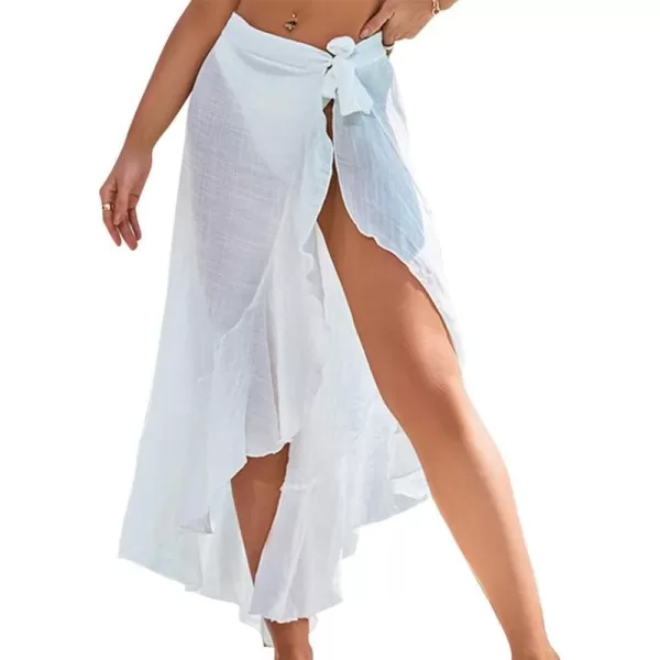 IDOPIP Beach Cover ups for Women Swimsuit Cover up Wrap Beach Skirt Solid Ruffle Beach Swimwear Sarong Coverups Bathing SuitWhite