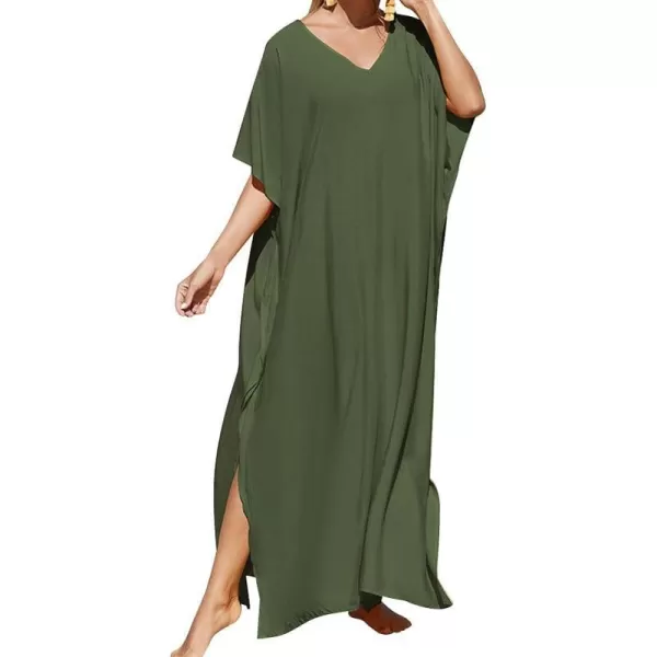 IDOPIP Beach Cover ups for Women Swimsuit Coverups Print Long Maxi Beach Kaftan Dresses Loose Caftan Beachwear Bathing SuitArmy Green  Solid