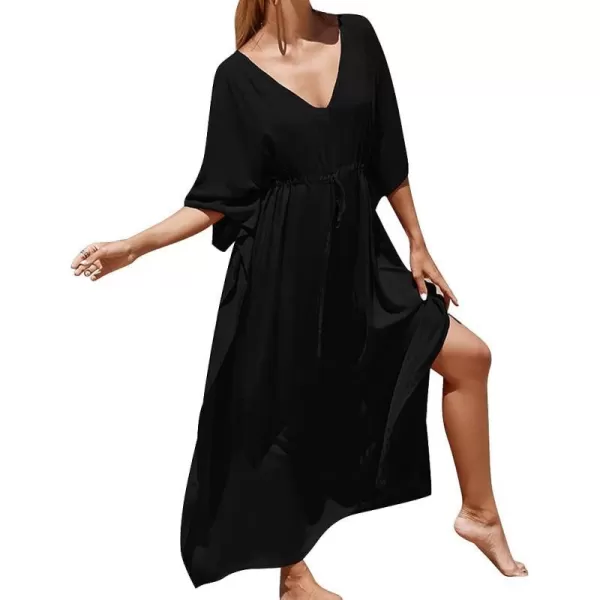 IDOPIP Beach Cover ups for Women Swimsuit Coverups Print Long Maxi Beach Kaftan Dresses Loose Caftan Beachwear Bathing SuitBlack  Drawstring