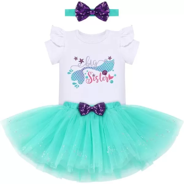 IDOPIP Big Sister Little Sister Matching Outfits Toddler Baby Girls Short Sleeve Top Romper Skirt Headband 3PCS Clothes SetGreen Mermaid  Big Sister