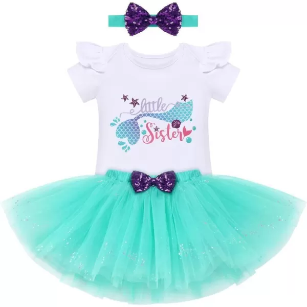 IDOPIP Big Sister Little Sister Matching Outfits Toddler Baby Girls Short Sleeve Top Romper Skirt Headband 3PCS Clothes SetGreen Mermaid  Little Sister