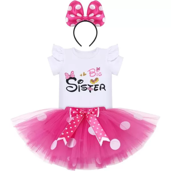 IDOPIP Big Sister Little Sister Matching Outfits Toddler Baby Girls Short Sleeve Top Romper Skirt Headband 3PCS Clothes SetHot Pink Mouse  Big Sister