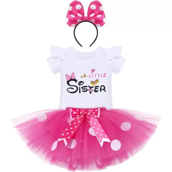 IDOPIP Big Sister Little Sister Matching Outfits Toddler Baby Girls Short Sleeve Top Romper Skirt Headband 3PCS Clothes SetHot Pink Mouse  Little Sister