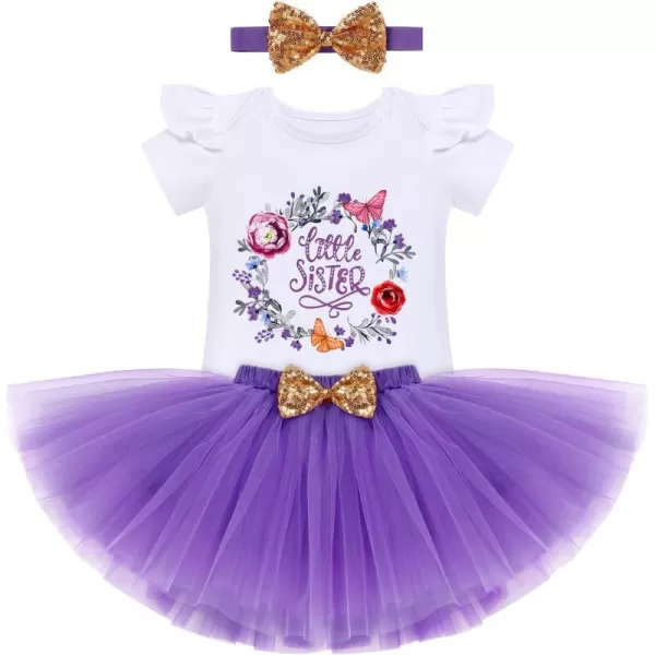 IDOPIP Big Sister Little Sister Matching Outfits Toddler Baby Girls Short Sleeve Top Romper Skirt Headband 3PCS Clothes SetPurple  Little Sister