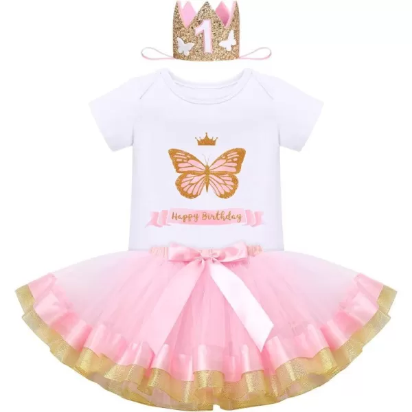 IDOPIP Butterfly 1st Birthday Outfit Baby Girl Sequin Butterfly Romper Tutu Skirt Headband Costume for Cake Smash Photo ShootPink  Happy Birthday