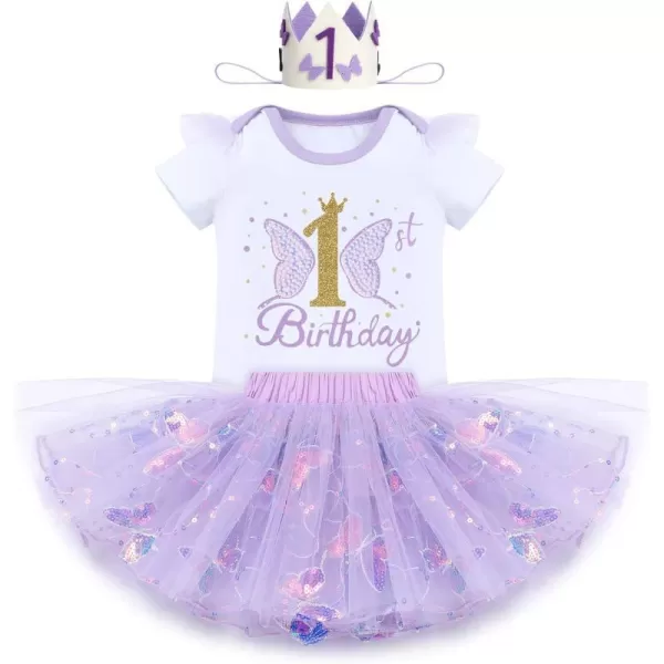 IDOPIP Butterfly 1st Birthday Outfit Baby Girl Sequin Butterfly Romper Tutu Skirt Headband Costume for Cake Smash Photo ShootPurple Butterfly