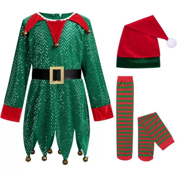 IDOPIP Christmas Elf Costume for Kids Girls Santa Elf Dress up Cosplay Xmas Suit Festival Outfit with Dress Belt Hat Sock SetGreen