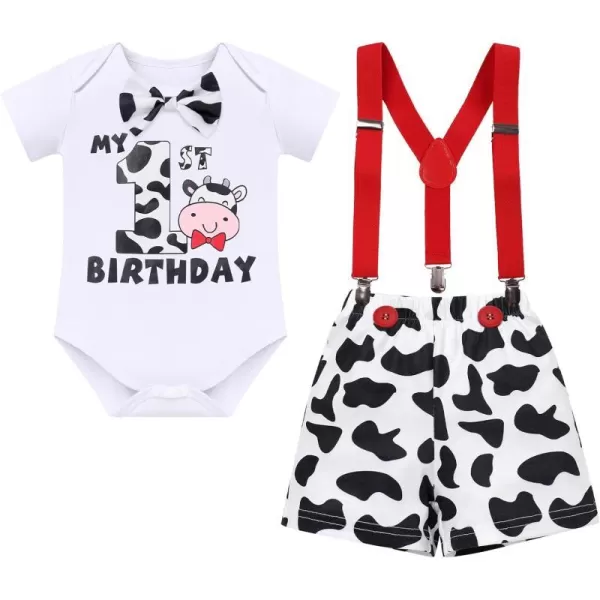 IDOPIP Circus Cake Smash Outfit for Baby Boy First Birthday Romper Diaper Cover Suspender Headband Hat Party Dress up Costume3pcs White Cow 1st Birthday