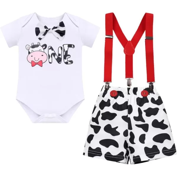 IDOPIP Circus Cake Smash Outfit for Baby Boy First Birthday Romper Diaper Cover Suspender Headband Hat Party Dress up Costume3pcs White Cow One