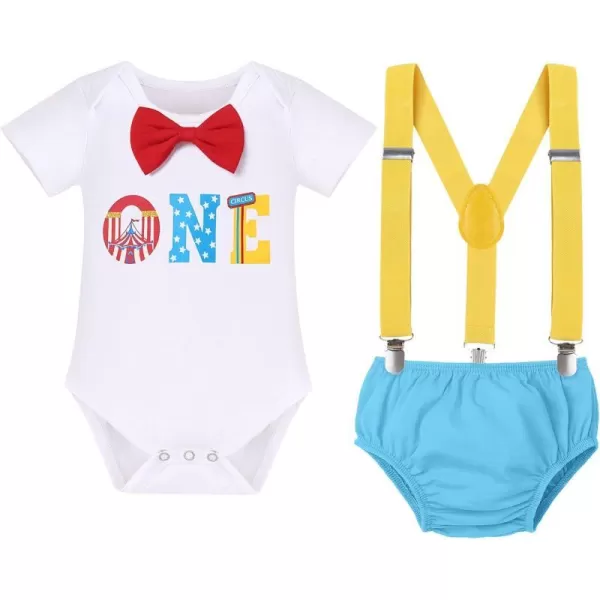 IDOPIP Circus Cake Smash Outfit for Baby Boy First Birthday Romper Diaper Cover Suspender Headband Hat Party Dress up Costume3pcs Yellow  Blue