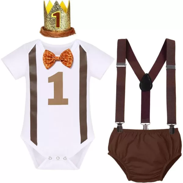 IDOPIP Circus Cake Smash Outfit for Baby Boy First Birthday Romper Diaper Cover Suspender Headband Hat Party Dress up Costume4pcs Brown