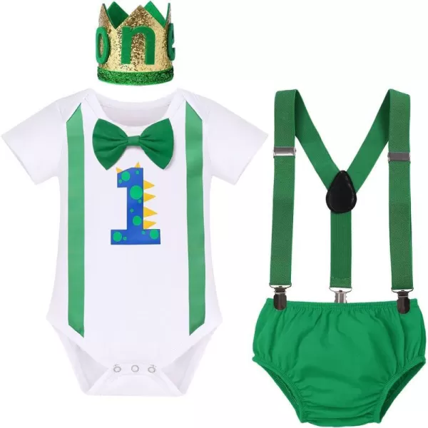 IDOPIP Circus Cake Smash Outfit for Baby Boy First Birthday Romper Diaper Cover Suspender Headband Hat Party Dress up Costume4pcs Green Dinosaur