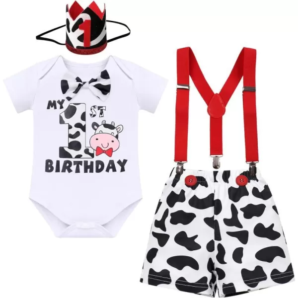 IDOPIP Circus Cake Smash Outfit for Baby Boy First Birthday Romper Diaper Cover Suspender Headband Hat Party Dress up Costume4pcs White Cow 1st Birthday