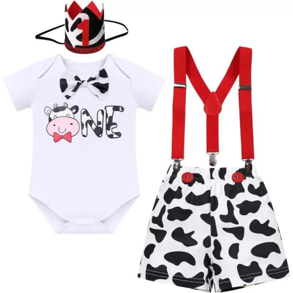 IDOPIP Circus Cake Smash Outfit for Baby Boy First Birthday Romper Diaper Cover Suspender Headband Hat Party Dress up Costume4pcs White Cow One