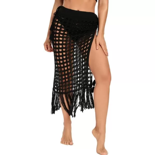 IDOPIP Crochet Cover up for Women Long Hollow Out Beach Sarongs Coverups Tassel Bikini Wrap Skirt Sheer Swimsuit Bathing SuitBlack