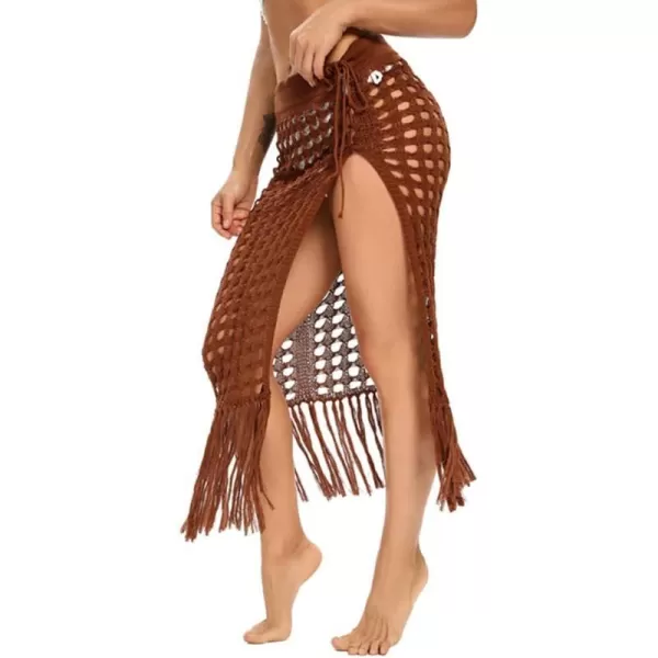 IDOPIP Crochet Cover up for Women Long Hollow Out Beach Sarongs Coverups Tassel Bikini Wrap Skirt Sheer Swimsuit Bathing SuitBrown