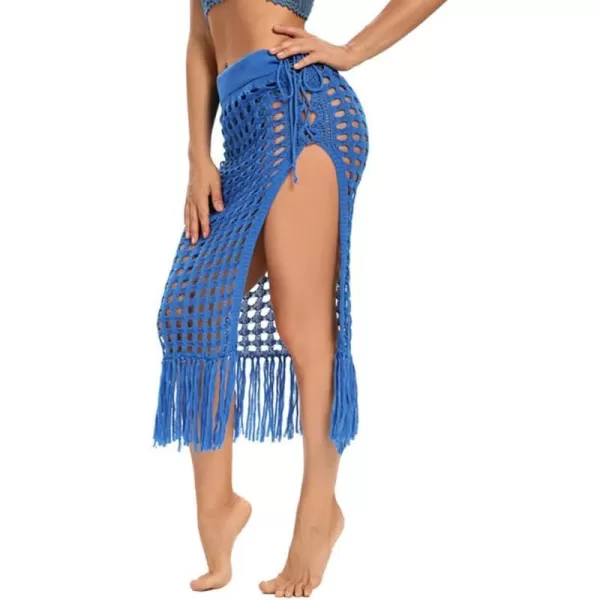 IDOPIP Crochet Cover up for Women Long Hollow Out Beach Sarongs Coverups Tassel Bikini Wrap Skirt Sheer Swimsuit Bathing SuitDark Blue